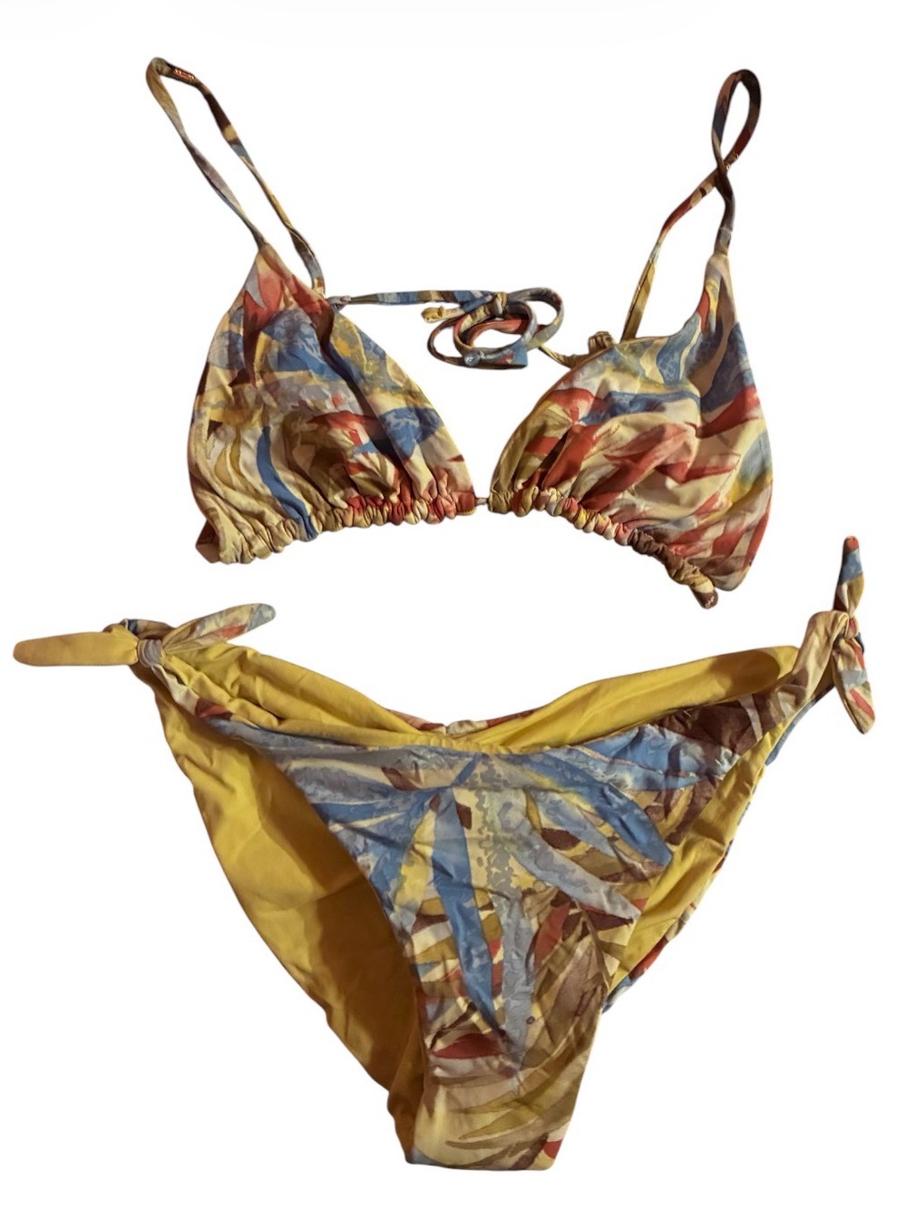 Women’s Tropical Print Triangle Bikini Set - Yellow Multicolor gathered back